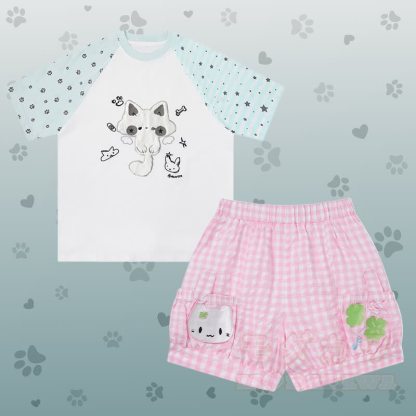 Raglan-T-Shirt mit Katzenmotiv, karierte Shorts und passendes Outfit von Modakawa - Satz C - L - image 3