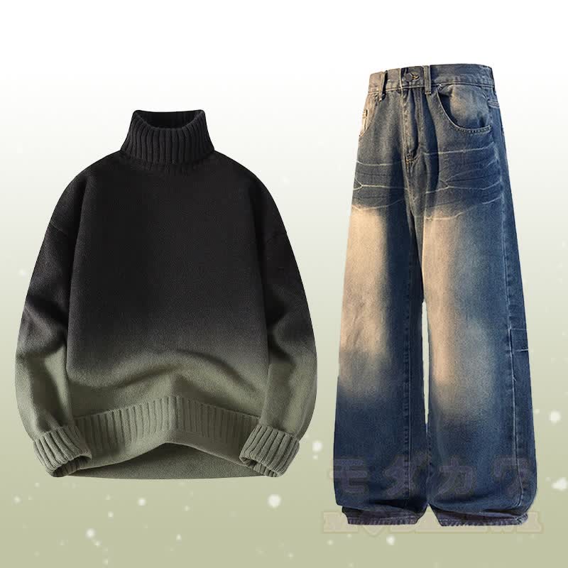 Zweiteiler: Strickpullover mit Farbverlauf und Rollkragen, Jeans - Satz C - 3XL - image 3