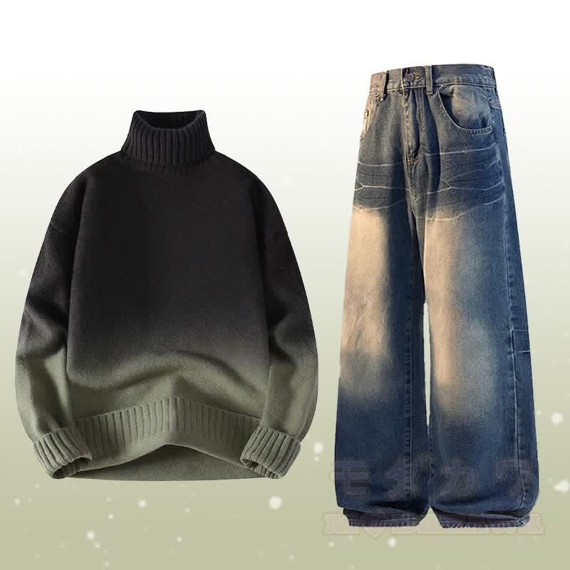 Zweiteiler: Strickpullover mit Farbverlauf und Rollkragen, Jeans - Satz C - 3XL - image 3