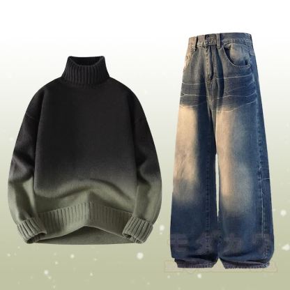 Zweiteiler: Strickpullover mit Farbverlauf und Rollkragen, Jeans - Satz C - 3XL - image 3