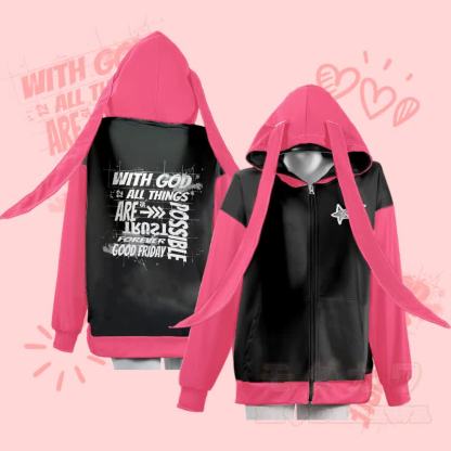 MODAKAWA MIT GOTT IST ALLES MÖGLICH Hoodie mit Grafik, Reißverschluss und langen Hasenohren - Schwarz - 4XL - image 3