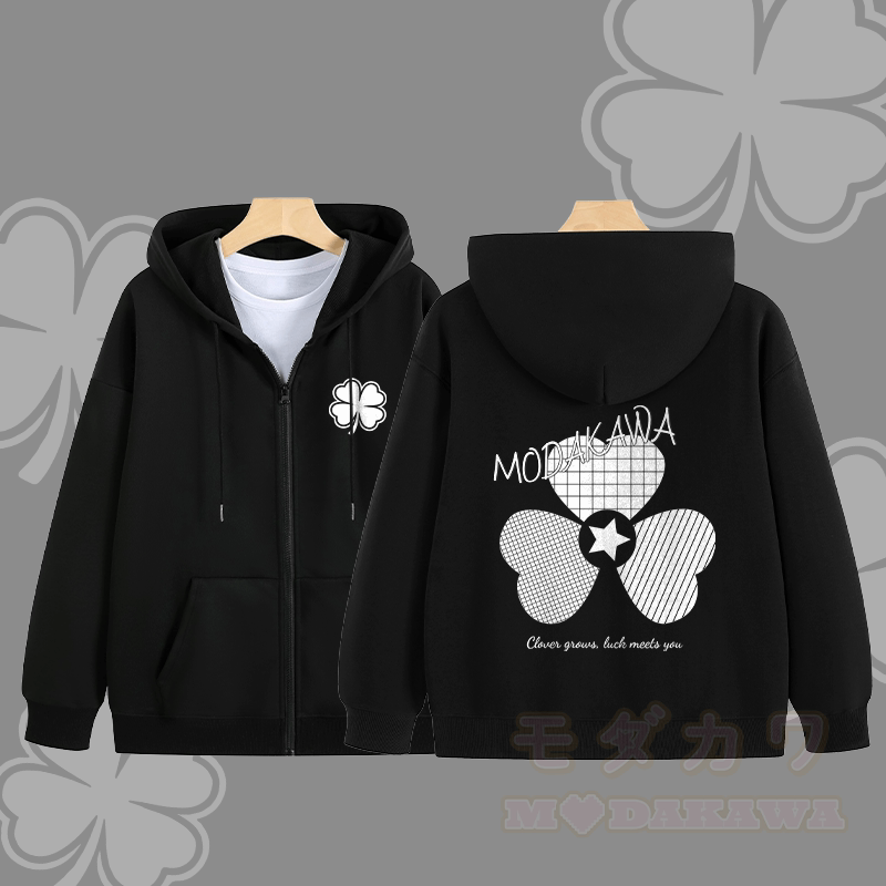 MODAKAWA Karierter Kapuzenpullover mit dreifachem Kleeblatt-Motiv und Reißverschluss - Schwarz - 5XL - image 4