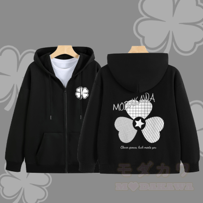 MODAKAWA Karierter Kapuzenpullover mit dreifachem Kleeblatt-Motiv und Reißverschluss - Schwarz - 5XL - image 4