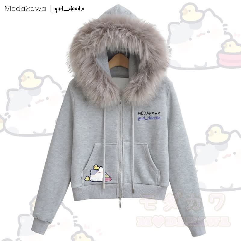 MODAKAWA x gud_doodle Kitty Chick Grafik Fleecegefütterter Kapuzenpullover mit Reißverschluss und Kunstpelzbesatz - Grau - L - image 3