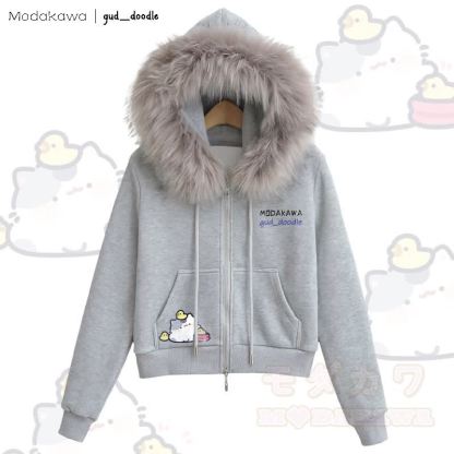 MODAKAWA x gud_doodle Kitty Chick Grafik Fleecegefütterter Kapuzenpullover mit Reißverschluss und Kunstpelzbesatz - Grau - L - image 3