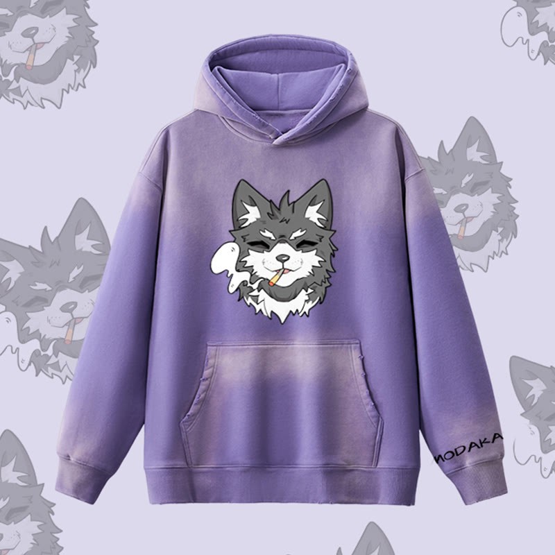 MODAKAWA Kapuzenpullover mit Raucherwelpen-Motiv, Vintage-Waschung, Fleece-Futter - Purple - 2XL - image 9