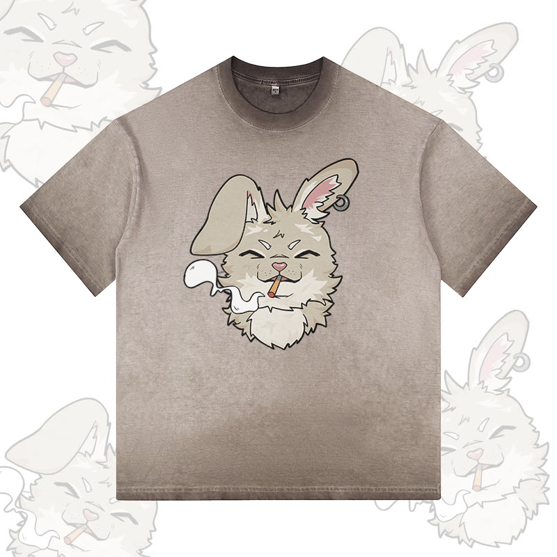 Nabi Smoking Bunny Grafik Modakawa 100% Baumwolle Gradient Washed T-Shirt - Brown - 5XL - image 3