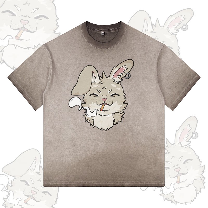 Nabi Smoking Bunny Grafik Modakawa 100% Baumwolle Gradient Washed T-Shirt - Brown - 5XL - image 3
