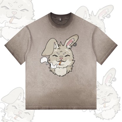 Nabi Smoking Bunny Grafik Modakawa 100% Baumwolle Gradient Washed T-Shirt - Brown - 5XL - image 3