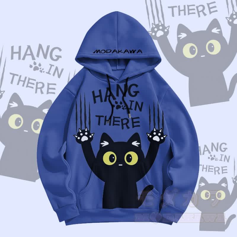 MODAKAWA HANG IN THERE Pullover Hoodie mit Allover-Print und schwarzer Katze - Dunkelblau - 5XL - image 4