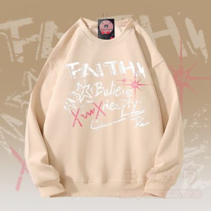 MODAKAWA FAITH BELIEVE DEEPLY Grafik Unisex Sweatshirt - Aprikose - 5XL - image 3