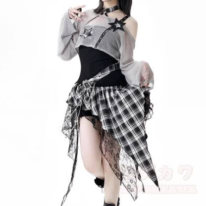 Gothic-Kleid mit transparentem Netzoberteil und Karomuster, zweiteilig - image 3