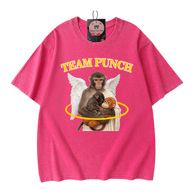 TEAM PUNCH Angel Monkey Graphic Modakawa Unisex Vintage Washed T-Shirt - Rose Red - 5XL - image 7
