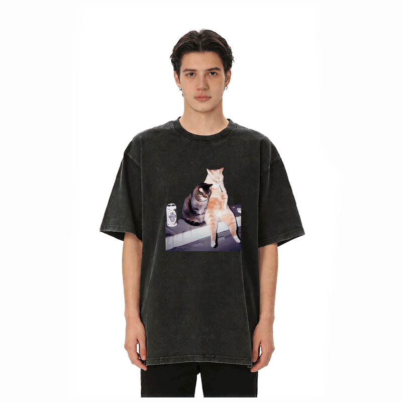 Modakawa Unisex Vintage Washed T-Shirt mit Raucherkatzen-Motiv - image 3