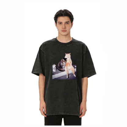 Modakawa Unisex Vintage Washed T-Shirt mit Raucherkatzen-Motiv - image 3