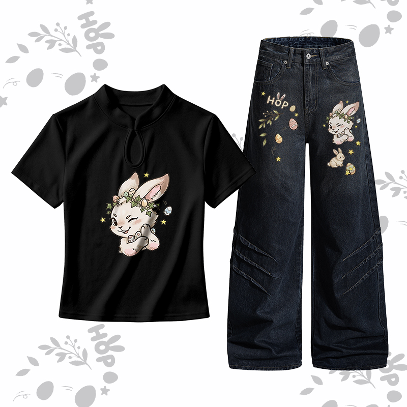 Modakawa Zweiteiler-Set mit Osterhasen-Motiv und Schnalle, Jeans - Set B - L - image 2