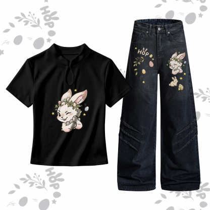 Modakawa Zweiteiler-Set mit Osterhasen-Motiv und Schnalle, Jeans - Set B - L - image 2