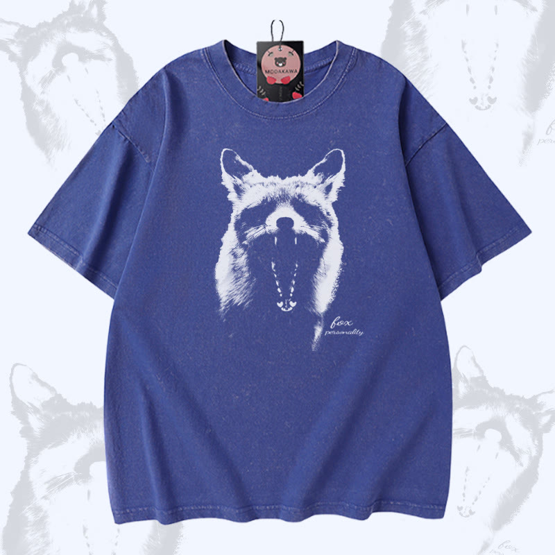 Modakawa Unisex Vintage Washed T-Shirt mit Roaring Fox Grafik - Blue - 5XL - image 2