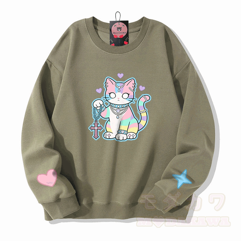 Modakawa Sweatshirt mit Astrologie-Katzenmotiv - Hellkhaki - 5XL - image 5