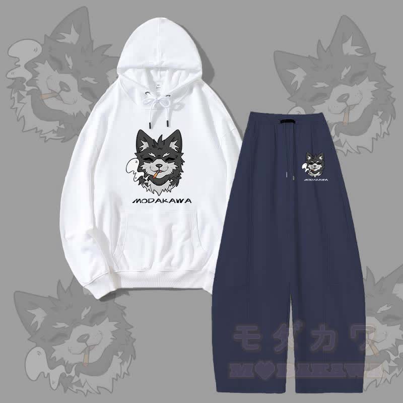 MODAKAWA Smoking Puppy Grafik-Hoodie, weite Hose, zweiteiliges Set - Weiß & Lila Blau - 5XL - image 6