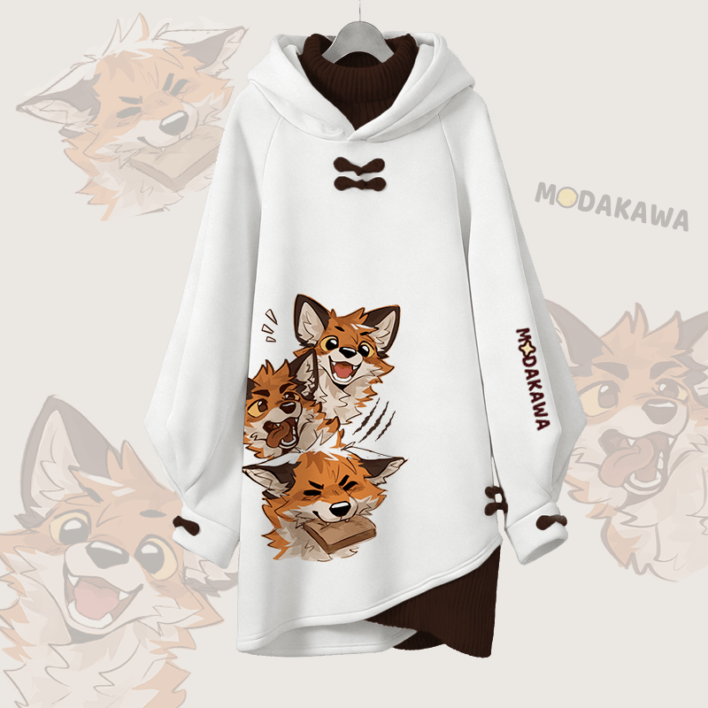 MODAKAWA X atka Lustiges Fuchs-Modakawa-Schnalle Vintage Kapuzenpullover-Kleid - White B - 3XL - image 4