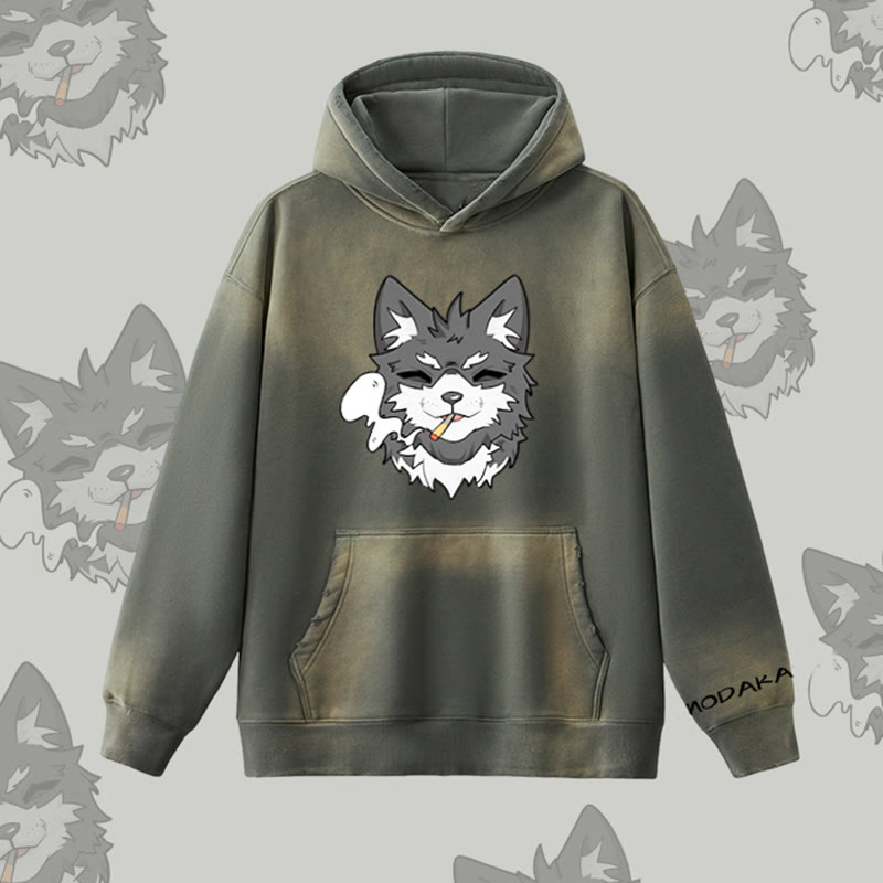 MODAKAWA Kapuzenpullover mit Raucherwelpen-Motiv, Vintage-Waschung, Fleece-Futter - Grey - 2XL - image 3