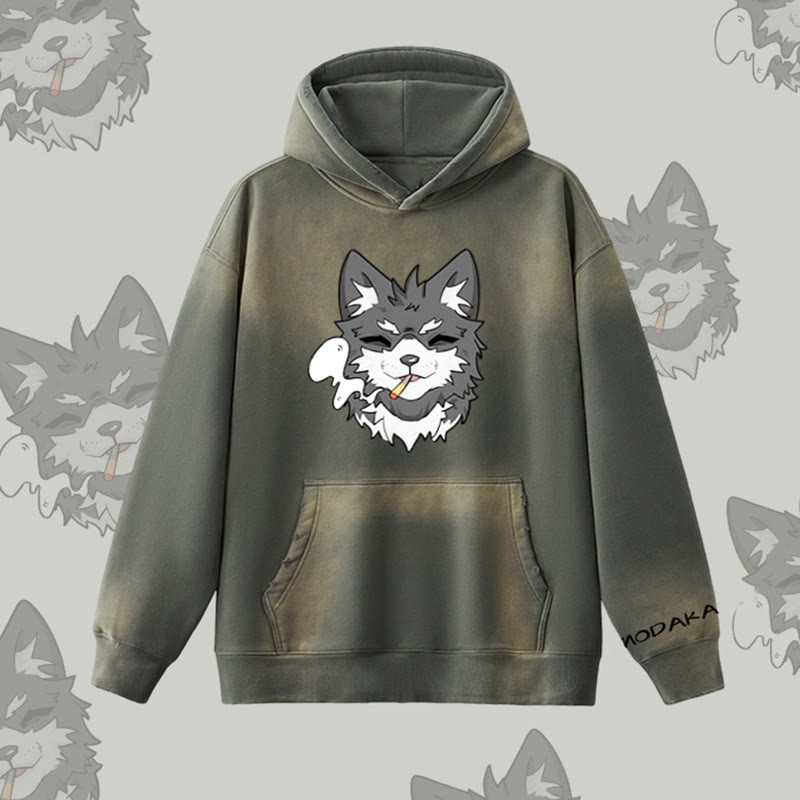 MODAKAWA Kapuzenpullover mit Raucherwelpen-Motiv, Vintage-Waschung, Fleece-Futter - Grey - 2XL - image 3