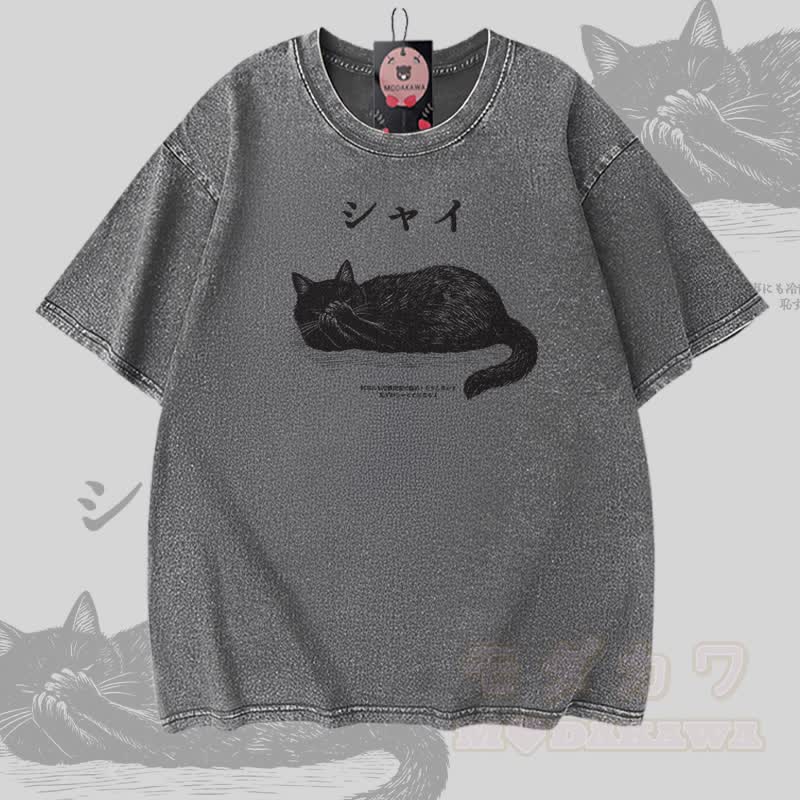 Modakawa Vintage-T-Shirt aus 100 % Baumwolle mit liegender Katze (Grafik) - Grau - 5XL - image 4