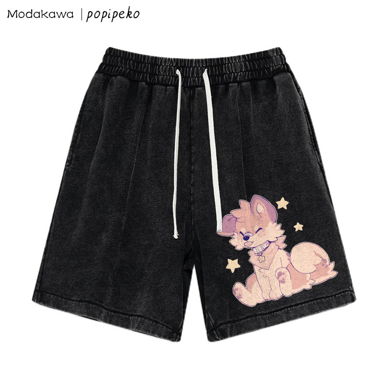 MODAKAWA X popipeko – Shorts im Vintage-Waschungsdesign mit Welpen-Print - Black - 3XL - image 1