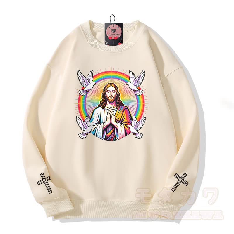 Modakawa Sweatshirt mit Regenbogen-Tauben-Kreuz-Motiv - Beige - 5XL - image 3