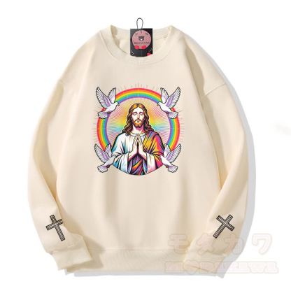 Modakawa Sweatshirt mit Regenbogen-Tauben-Kreuz-Motiv - Beige - 5XL - image 3