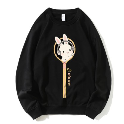 Sweatshirt mit rundem Kragen und Kopfhörer-Häschen-Reißverschluss - Schwarz - 5XL - image 4