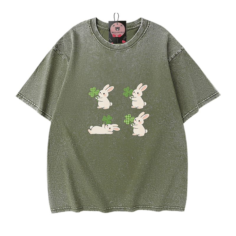 Modakawa Vintage T-Shirt aus 100 % Baumwolle mit St. Patrick's Day-Hasenmotiv (Vintage-Waschung) - Green - 5XL - image 8