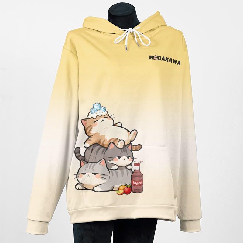 MODAKAWA Farbverlauf-Pullover-Hoodie mit schlafender Katze Grafik - Yellow B - 8XL - image 4