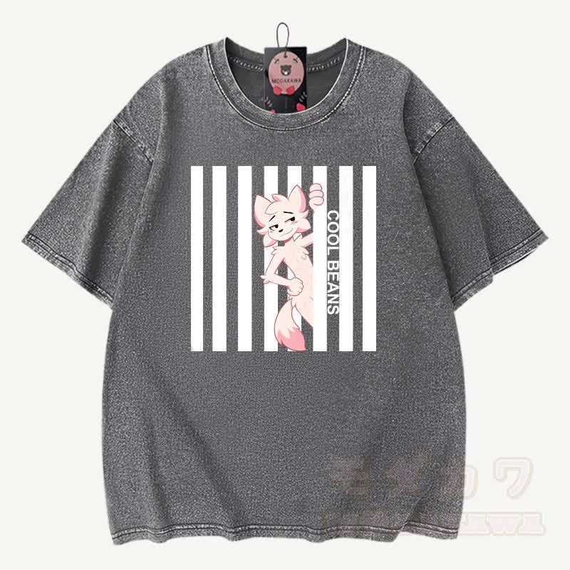 COOL BEANS Anime Fuchs Grafik Modakawa Vintage gewaschenes T-Shirt aus 100% Baumwolle - Grau - 3XL - image 4