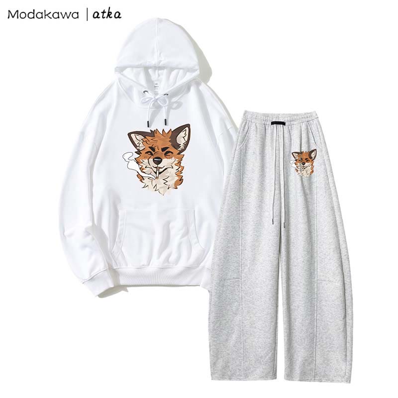 MODAKAWA X atka Fox Smoking Graphic Hoodie Wide Leg Pants Zweiteiliges Set - White&Grey - 5XL - image 3