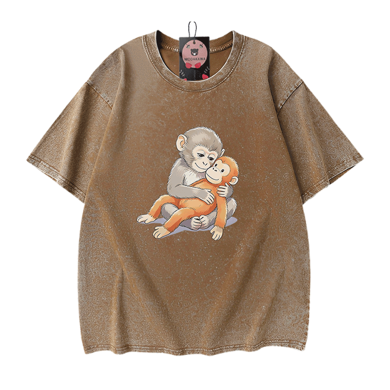 PUNCH Monkey Doll Grafik Modakawa Vintage gewaschenes T-Shirt aus 100% Baumwolle - Brown - 5XL - image 7