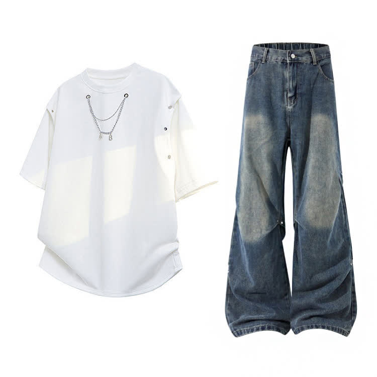 T-Shirt mit abnehmbaren Ärmeln und Jeans mit weitem Bein - Set【White Top+Navy Blue Jeans】 - 2XL - image 17