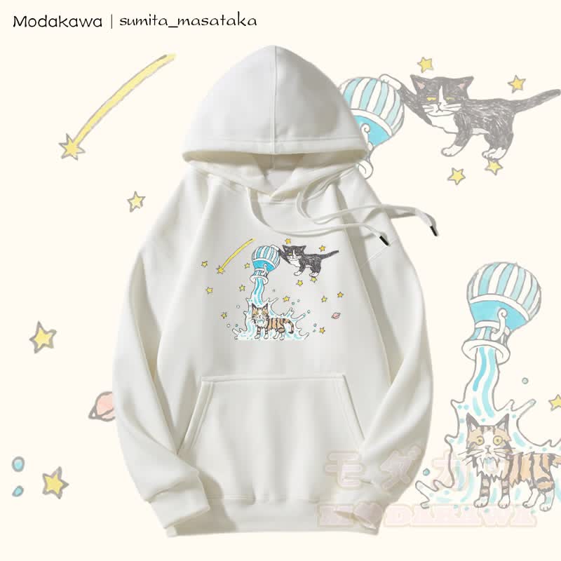 MODAKAWA X sumita_masataka Kapuzenpullover mit Fleece-Futter und Grafik „Water Pouring Cats“. - Weiß - 5XL - image 4