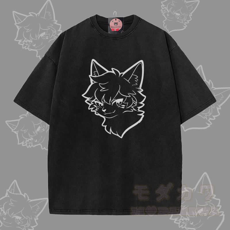 MODAKAWA Cool Fox Boy Grafik Unisex Vintage Washed T-Shirt - Schwarz - 5XL - image 3