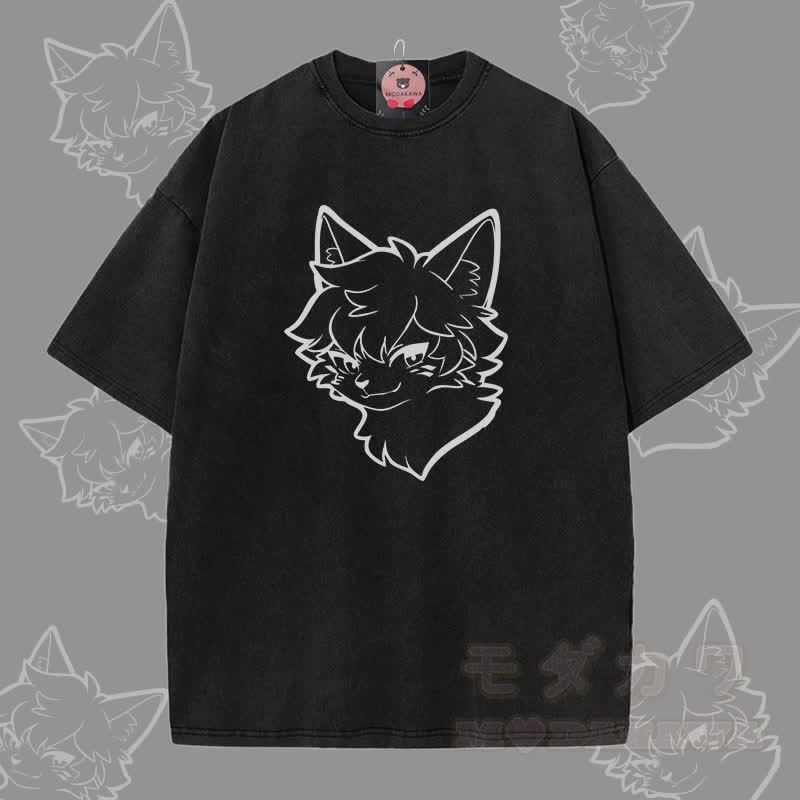 MODAKAWA Cool Fox Boy Grafik Unisex Vintage Washed T-Shirt - Schwarz - 5XL - image 3