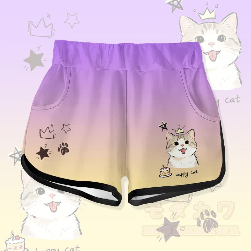 HAPPY Cat Cake Graphic Modakawa Gradient Shorts - Lila - 5XL - image 3