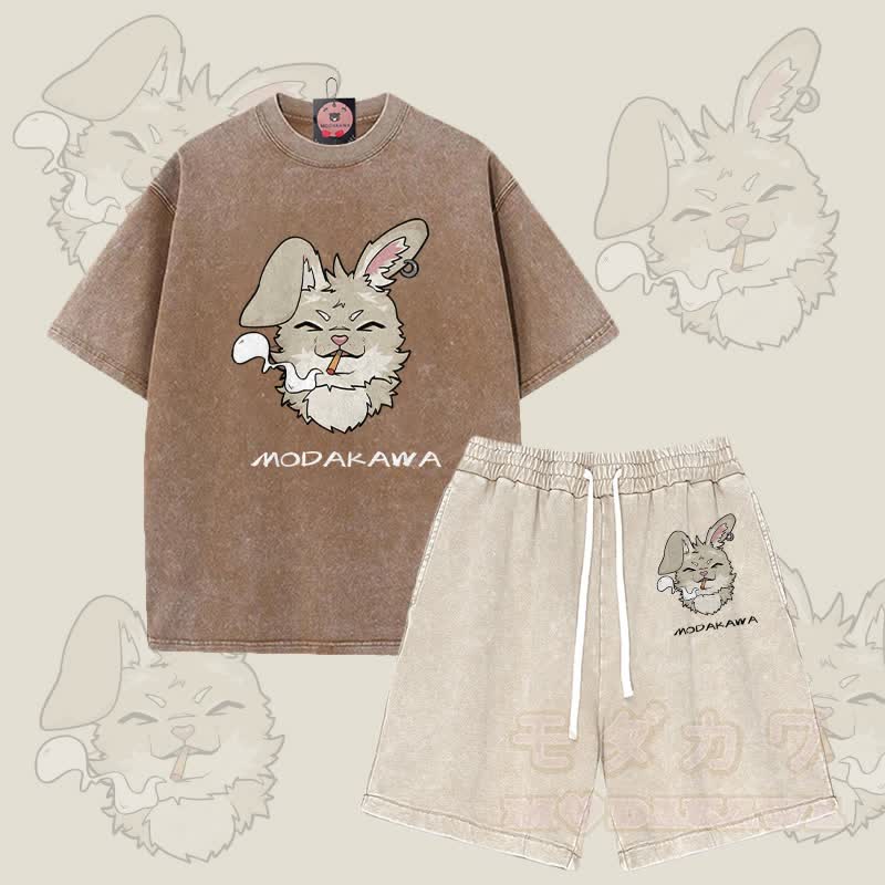 MODAKAWA Smoking Bunny Grafik Vintage Washed T-Shirt Shorts Zweiteiliges Set - Braun & Aprikose - 3XL - image 6
