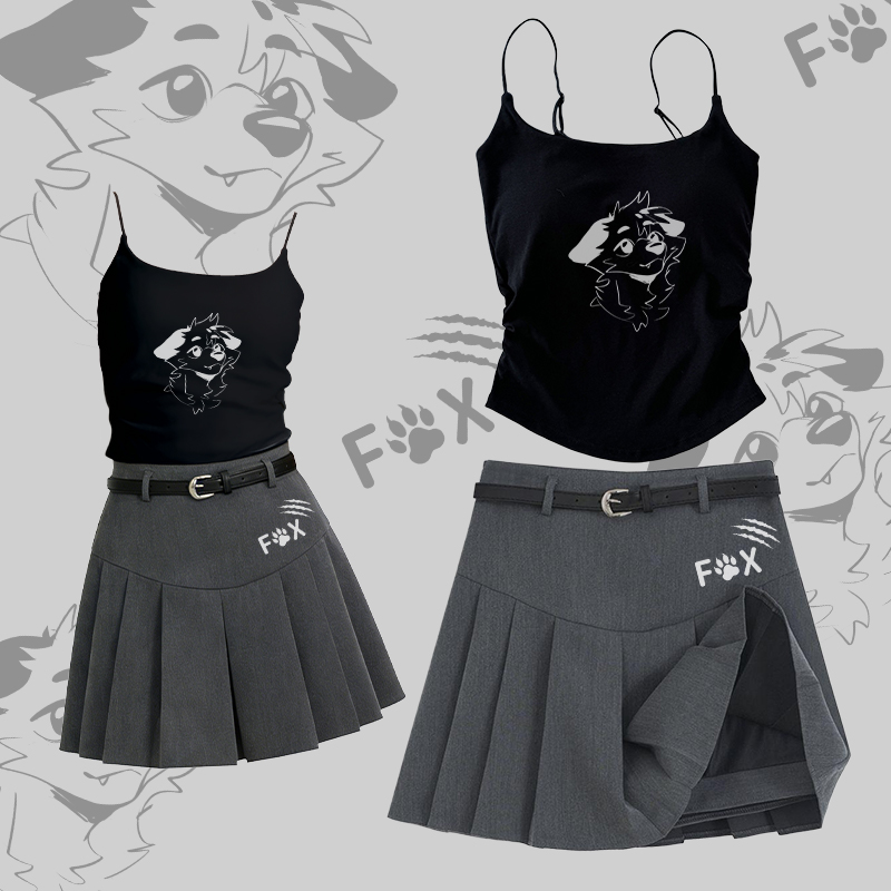 MODAKAWA X atka Smile Fox Graphic Camisole Belt Pleated Skirt Two Pieces Set - Set B - L - image 2