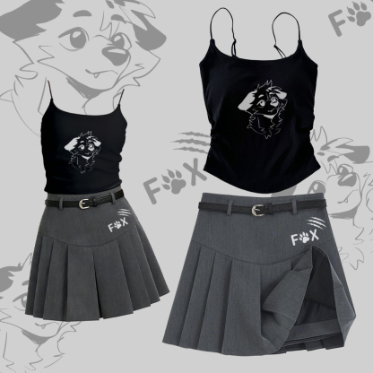 MODAKAWA X atka Smile Fox Graphic Camisole Belt Pleated Skirt Two Pieces Set - Set B - L - image 2
