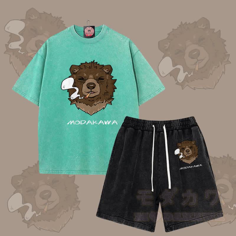 MODAKAWA Smoking Bear Grafik Vintage Washed T-Shirt Shorts Zweiteiliges Set - Grün & Schwarz - 3XL - image 12