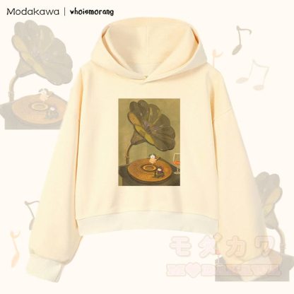 MODAKAWA X whoismorang Tier, das ein Grammophon bedient Grafik Cropped Cotton Hoodie - Aprikose - 3XL - image 3