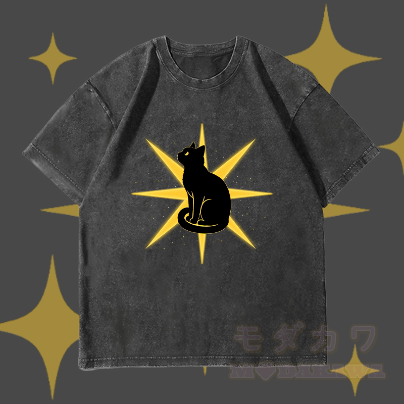 MODAKAWA Starlight Black Cat Graphic Unisex Vintage Washed T-Shirt - Schwarz - 4XL - image 3