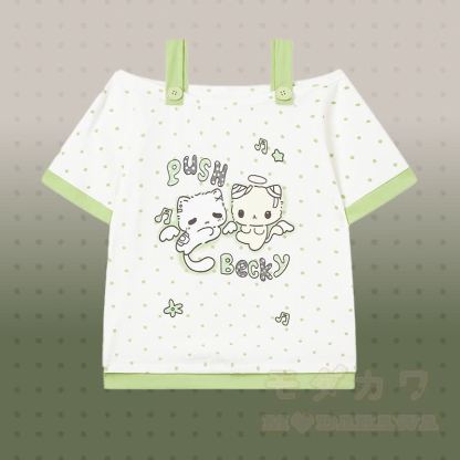 Polka Dot Cat Graphic Top Kitty Gingham Shorts Modakawa Matching Outfit - Grüne Spitze - L - image 4