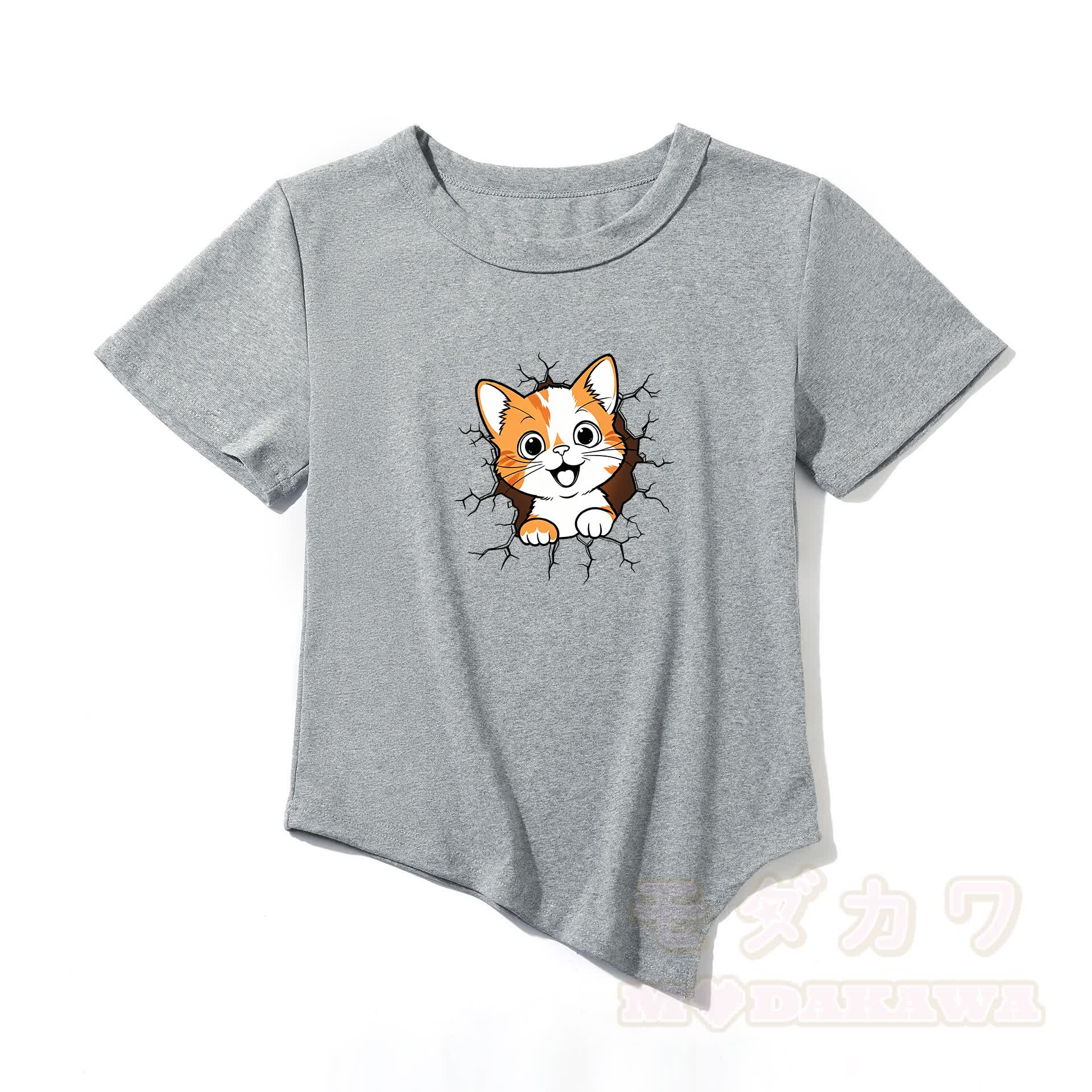 Modakawa Asymmetrisches T-Shirt mit niedlichem Katzenmotiv - Grau - One Size - image 7
